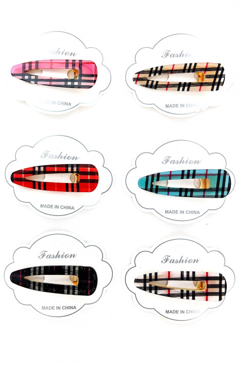 S1-4-3-LBH391 ASSORTED MULTICOLOR PLAID PATTERN HAIR CLIPS/12PCS