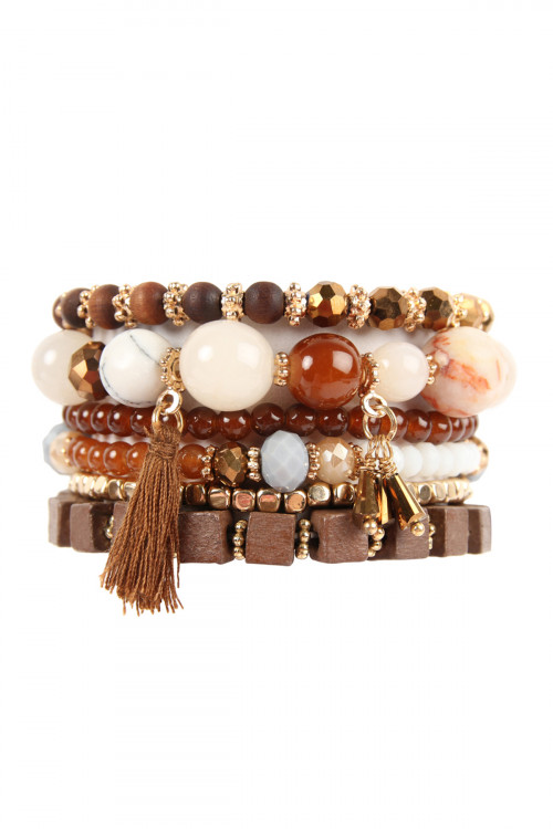 S23-9-1-HDB2056BR BROWN CHARM STACK BRACELET/6PCS