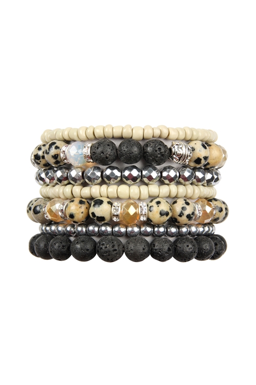 A3-1-3-HDB2063DT-LAVA STONE STACK BRACELET SET- DALMATIAN/6PCS