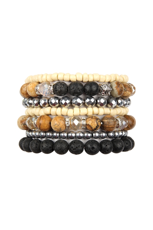 S5-6-2-HDB2063LCT-LAVA STONE STACK BRACELET SET- LIGHT BROWN JASPER/6PCS