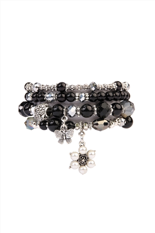 S19-10-2-HDB2076BK BLACK  BUTTERFLY, PEARL CLASSY STACKABLE BRACELET/6PCS