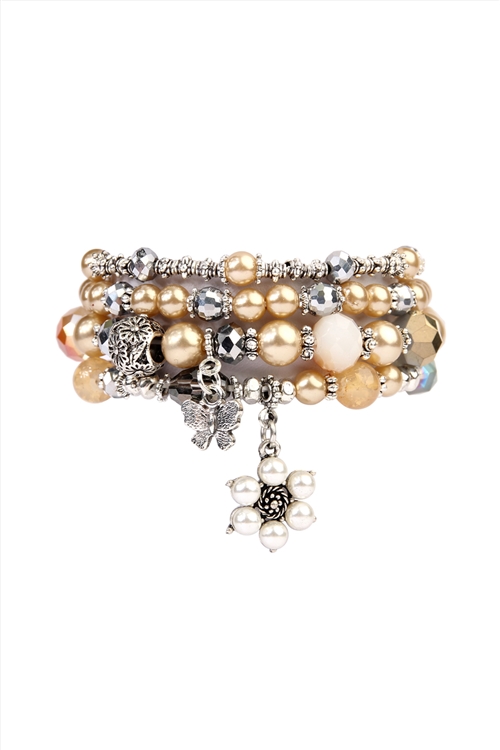 S6-6-4-HDB2076TP TAUPE BUTTERFLY, PEARL CLASSY STACKABLE BRACELET/6PCS