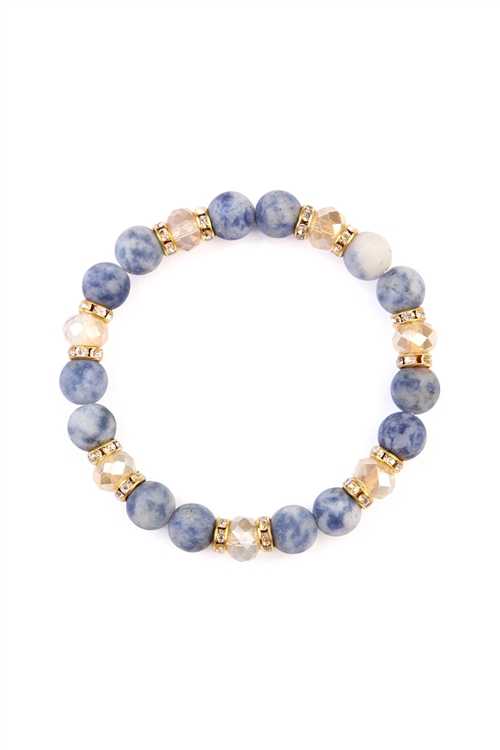 S6-5-3-HDB2152MO BLUE WHITE RONDELLE, GLASS, STONE BEADS STRETCH BRACELET/6PCS