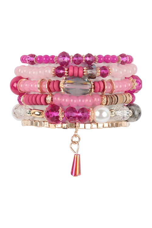 S23-5-2-HDB2200FS - MULTI STONE BEADS STACKABLE BRACELET-FUCHSIA/6PCS