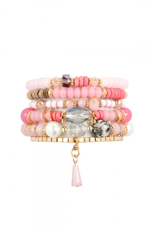 S18-5-2-HDB2200PK PINK MULTI STONE BEADS STACKABLE BRACELET/6PCS