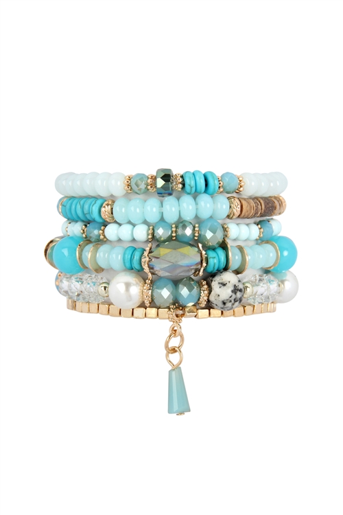 S17-11-1-HDB2200TQBL- MULTI STONE  BEADS STACKABLE BRACELET - TURQUOISE BLUE/6PCS