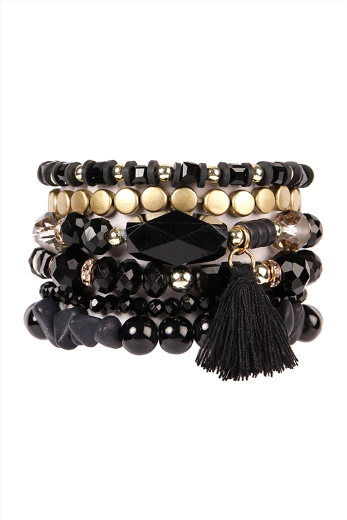 S18-6-3-HDB2201BK BLACK BOHO CHARM TASSEL BRACELET/6PCS