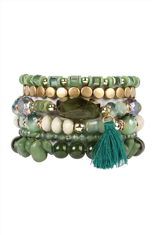 S21-2-1-HDB2201GR GREEN BOHO CHARM TASSEL BRACELET/6PCS