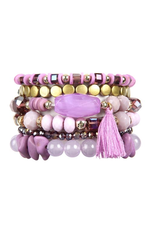 S19-12-1-HDB2201LV - BOHO CHARM TASSEL BRACELET - LAVENDER/6PCS