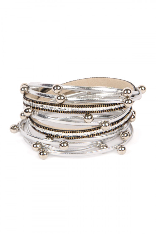 SA4-3-3-HDB2219S SILVER MAGNETIC LOCK LEATHER WRAP BRACELET/6PCS