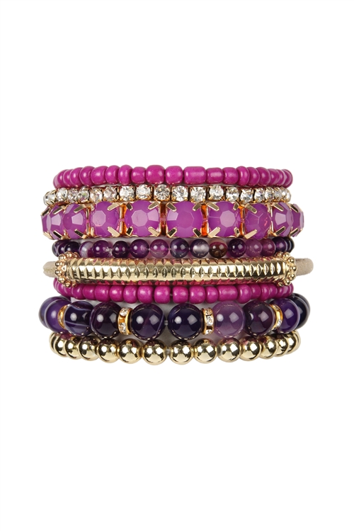 S18-8-2-HDB2244AM - REGULAR SIZE STACK-ABLE BEADS BRACELET SET - PURPLE AMBER/6PCS