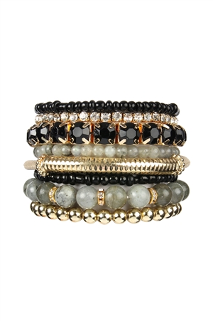 S17-7-1-HDB2244BK - REGULAR SIZE STACK-ABLE BEADS BRACELET SET - BLACK/6PCS