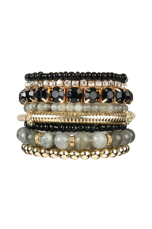 S17-7-1-HDB2244BK - REGULAR SIZE STACK-ABLE BEADS BRACELET SET - BLACK/6PCS