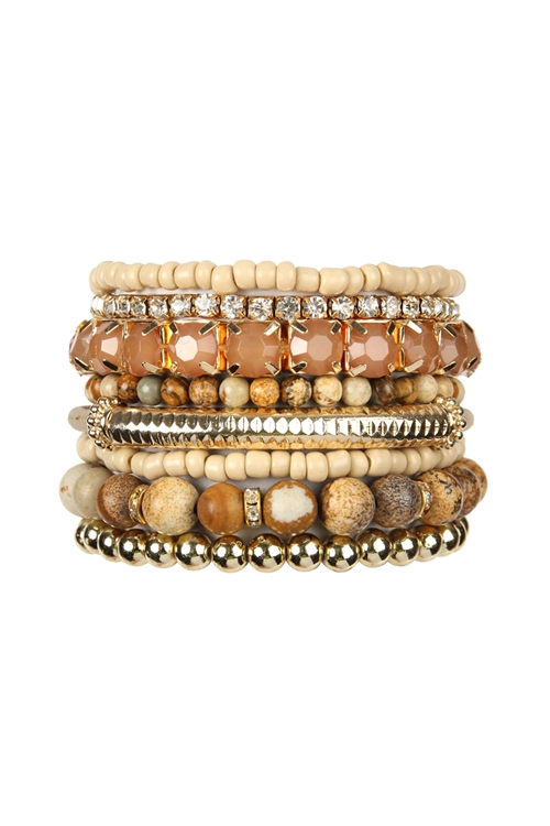 S23-5-3-HDB2244LCT-1 - REGULAR SIZE STACK-ABLE BEADS BRACELET SET - LIGHT BROWN/1PC