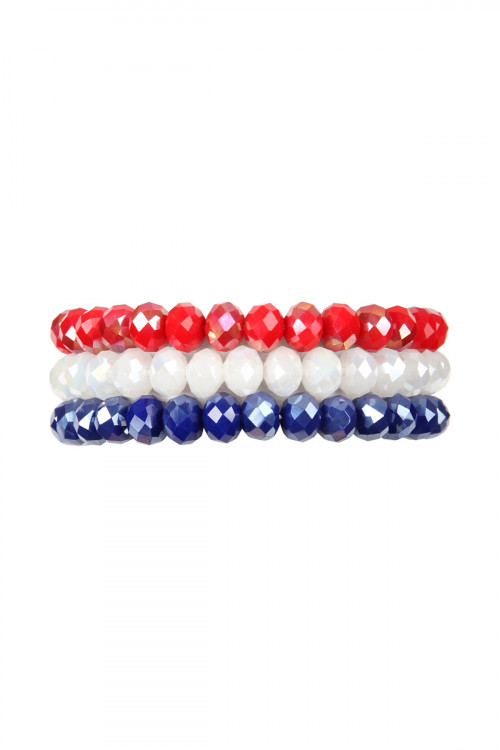 S4-6-1-HDB2258AB IRIDESCENT RED WHITE BLUE THREE GLASS BEADS STRETCH BRACELET/6PCS