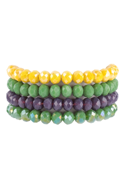 S23-12-4-HDB2259MIX - MIX  MARDI GRAS FOUR LINE CRYSTAL BEADS STRETCH BRACELET/6PCS