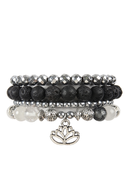 A1-1-2-HDB2268BKW BLACK WHITE  LOTUS CHARM STACK BRACELET/6PCS