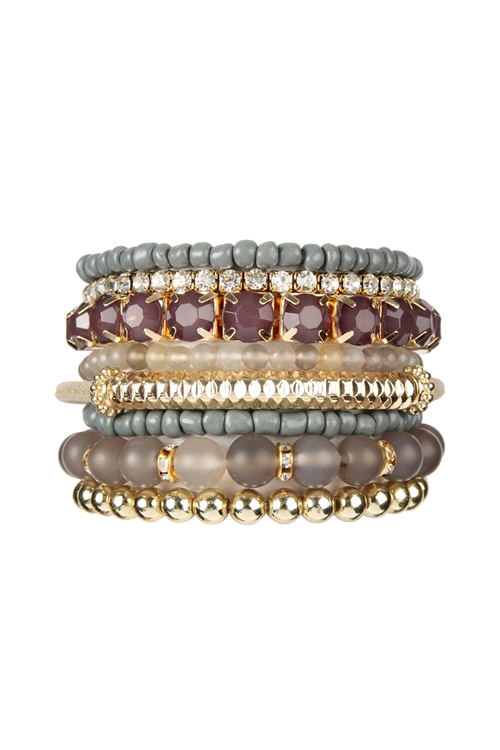 S23-1-1-HDB2269GY-PLUS SIZE STACK-ABLE BEADS BRACELET SET-GREY/6PCS