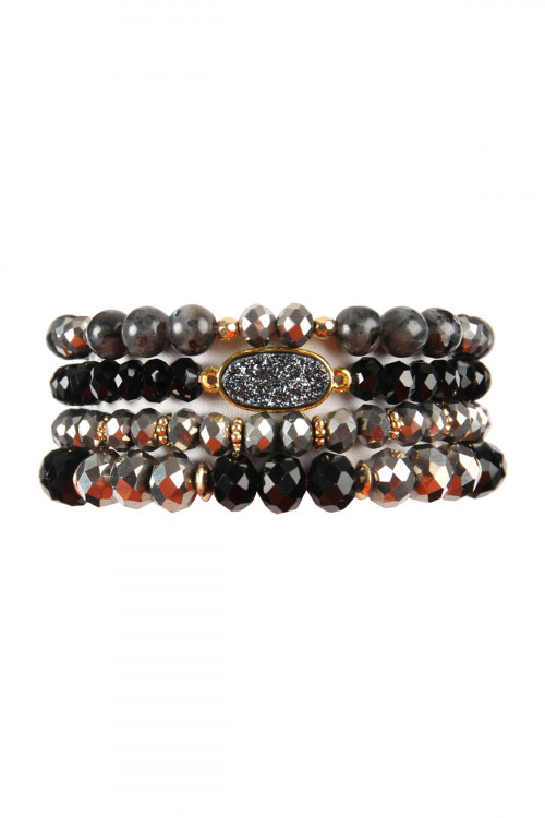 S4-5-4-HDB2273BK BLACK DRUZY OVAL MIXED BEADS BRACELET SET/6SETS