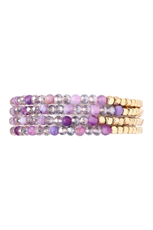 S22-7-4-HDB2274LPU PURPLE BRASS, STONE, GLASS FOUR SET BEADS BRACELET/6PCS