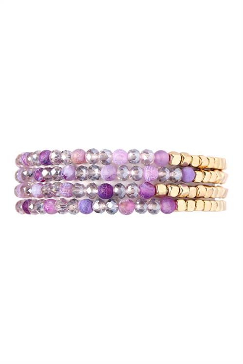 S21-5-2-HDB2274LPU PURPLE BRASS, STONE, GLASS FOUR SET BEADS BRACELET/6PCS