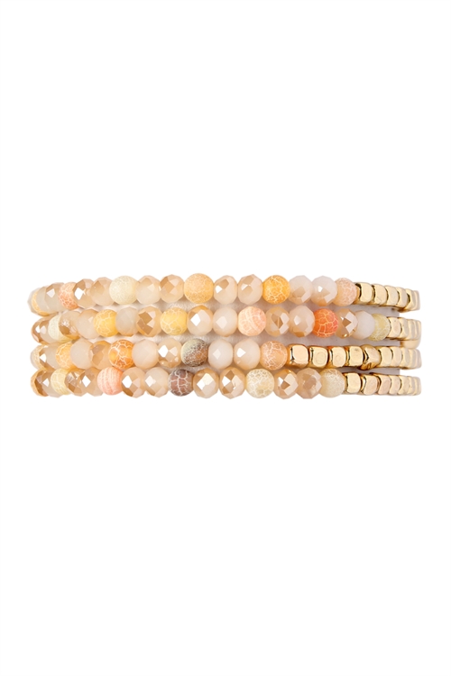 S21-12-2-HDB2274PE PEACH BRASS, STONE, GLASS FOUR SET BEADS BRACELET/6PCS