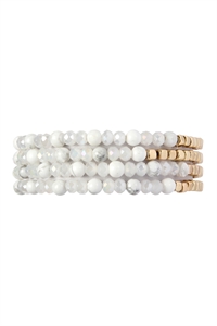 S22-5-4-HDB2274WT WHITE BRASS, STONE, GLASS FOUR SET BEADS BRACELET/6PCS