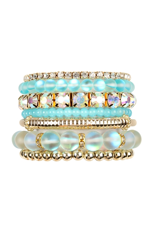 S22-2-1-HDB2433AQ-MERMAID GLASS STRETCH BRACELET SET-AQUA/6PCS