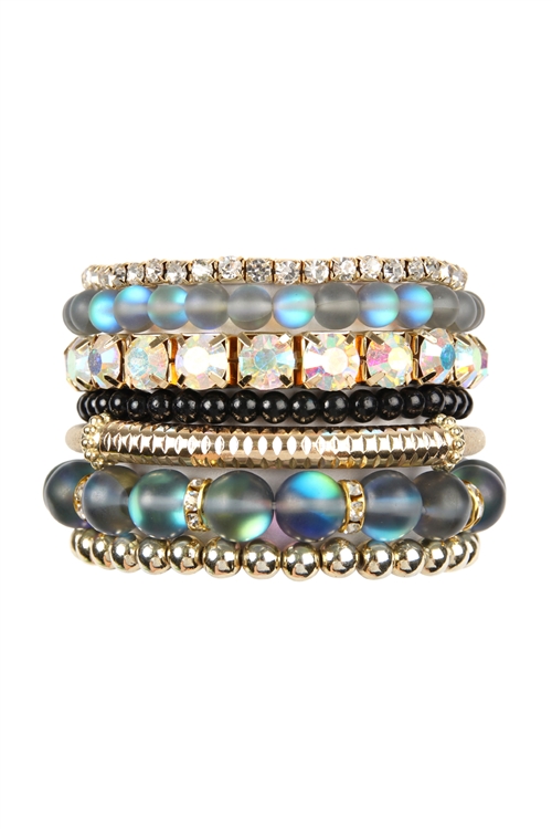 S22-7-1-HDB2433BK-MERMAID GLASS STRETCH BRACELET SET-BLACK/6PCS