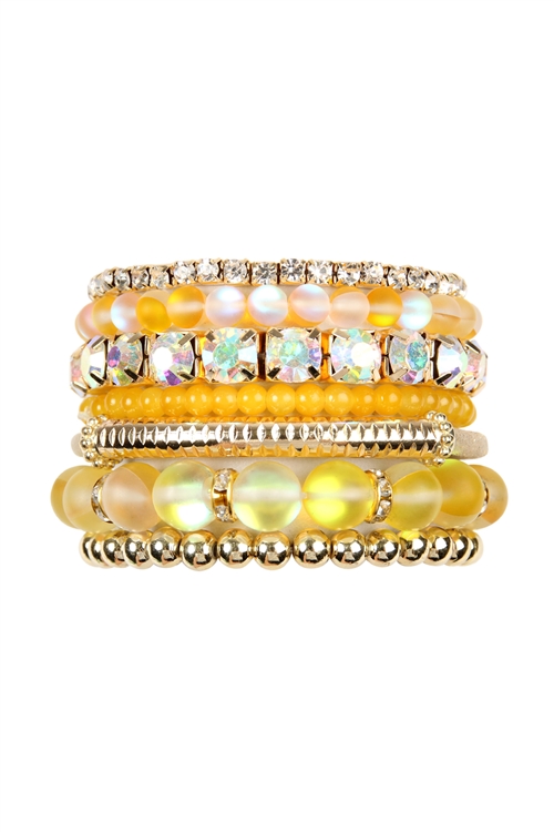 S19-4-1-HDB2433YW - MERMAID GLASS STRETCH BRACELET SET YELLOW/6PCS