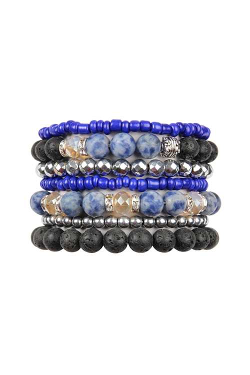 A2-2-3-HDB2461MO - PLUS SIZE LAVA STONE STACK BRACELET SET - BLUE SODALITE/6PCS