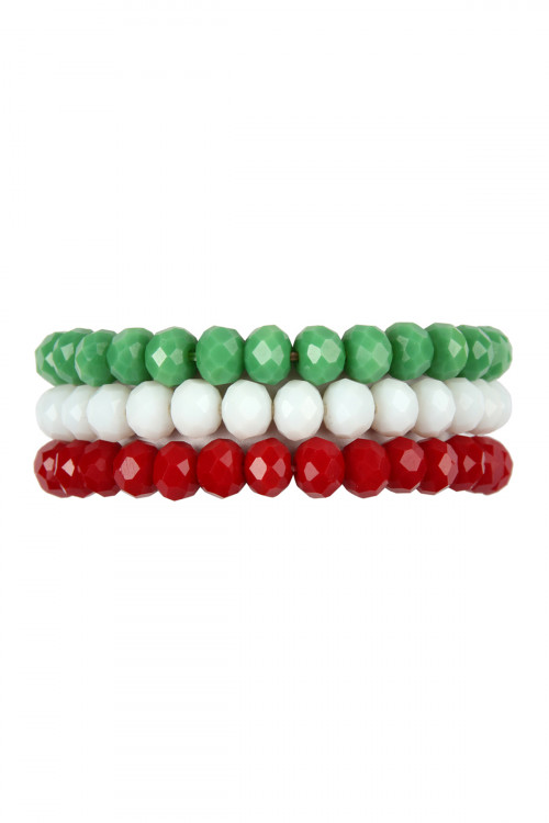 SA3-1-4-HDB2480 GREEN WHITE RED THREE GLASS BEADS STRETCH BRACELET/6PCS