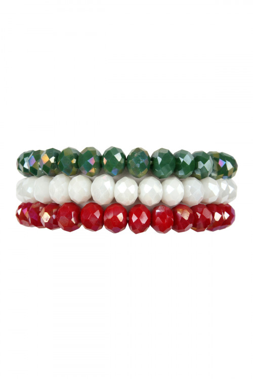 S22-3-4-HDB2481 IRIDESCENT GREEN WHITE RED THREE GLASS BEADS STRETCH BRACELET/6PCS