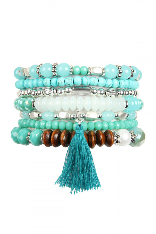 237-E-HDB2500TQ TURQUOISE MIXED BEADS TASSEL CHARM BRACELET/6PCS