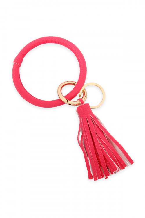 S5-6-1-HDB2508HPK HOT PINK LEATHER COATED KEY RING WITH LEATHER TASSEL/6PCS