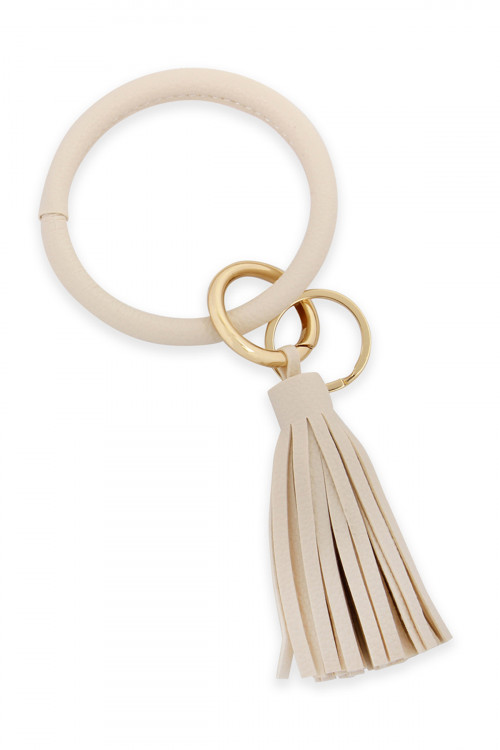 S4-4-4-HDB2508IV IVORY LEATHER COATED KEY RING WITH LEATHER TASSEL/6PCS