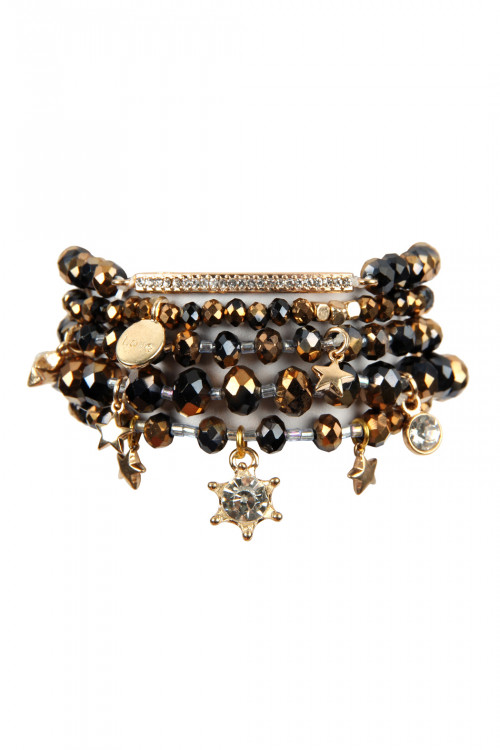 S4-5-3-HDB2540BKG BLACK GOLD GLASS BEADS CHARM BRACELET SET/6SETS