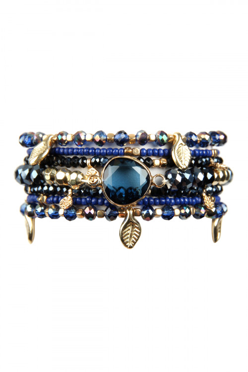 S6-4-3-HDB2546NV NAVY LEAF CHARM STRETCH BRACELET SET/6SETS