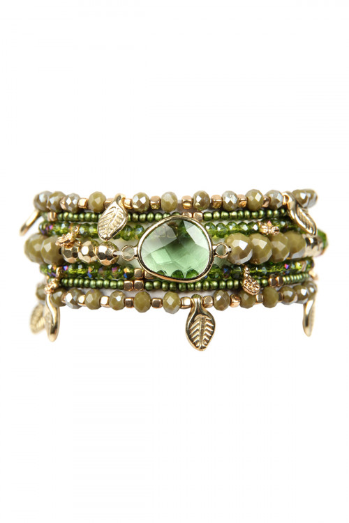 SA3-1-2-HDB2546OL OLIVE LEAF CHARM STRETCH BRACELET SET/6SETS