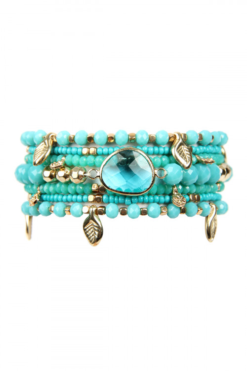 SA3-1-2-HDB2546TQ TURQUOISE LEAF CHARM STRETCH BRACELET SET/6SETS