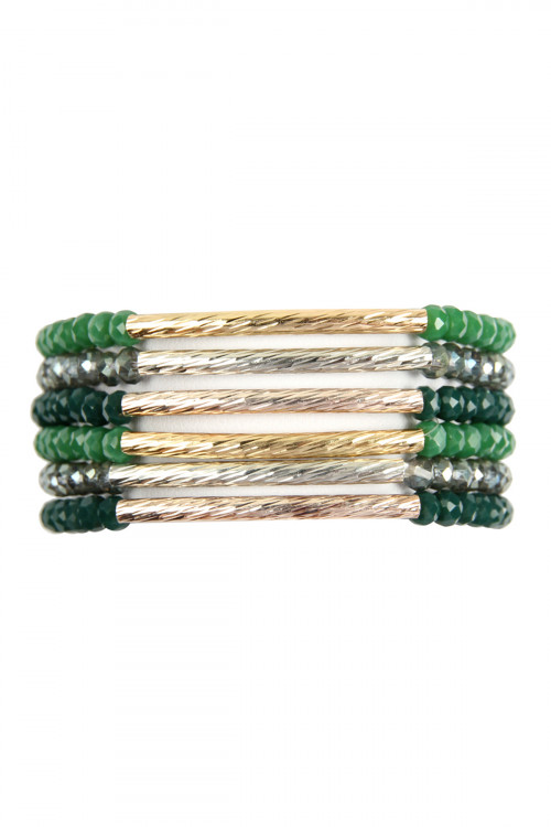 S25-3-1-HDB2550DGR DARK GREEN RONDELLE BEADED BRACELET SET/6SETS