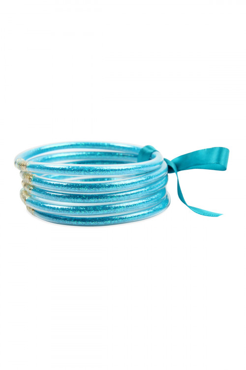 S4-5-4-HDB2558BL BLUE 5 RING BANGLE WITH RIBBON BRACELET/6PCS