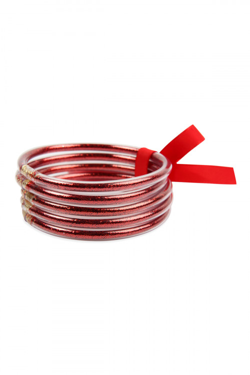 S4-6-2-HDB2558RD RED 5 RING BANGLE WITH RIBBON BRACELET/6PCS