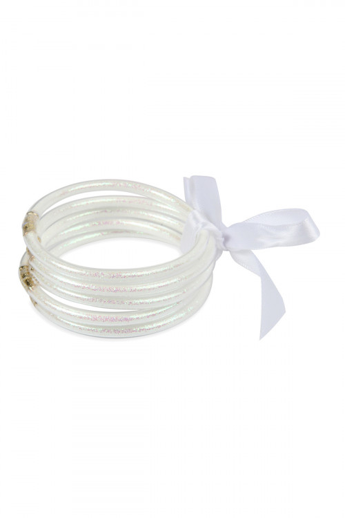 S4-5-4-HDB2558WT WHITE 5 RING BANGLE WITH RIBBON BRACELET/6PCS