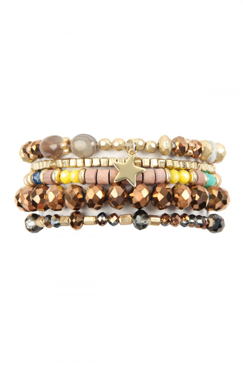 A3-2-2-HDB2599BR BROWN MULTI LINE MIXED BEADS STRETCH BRACELET/6PCS