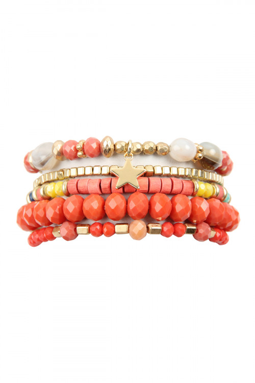 A3-2-4-HDB2599COR CORAL MULTI LINE MIXED BEADS STRETCH BRACELET/6PCS