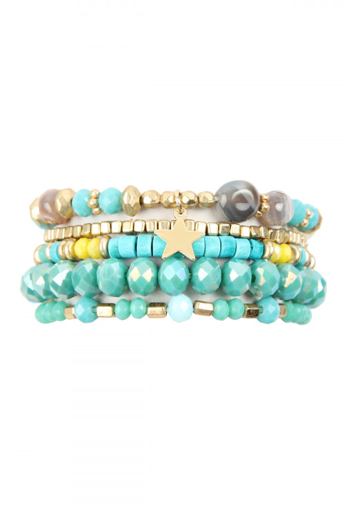 S25-8-3-HDB2599TQ TURQUOISE MULTI LINE MIXED BEADS STRETCH BRACELET/6PCS