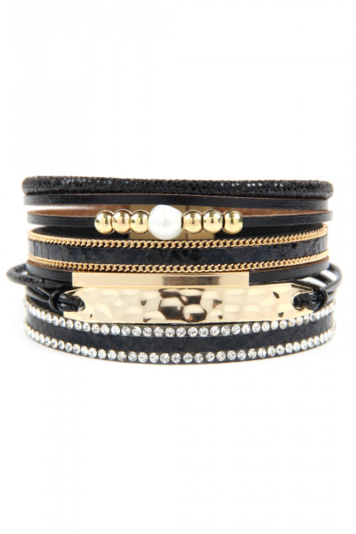 S23-13-1-HDB2604BK BLACK MULTI LINE LEATHER WITH HAMMERED METAL PLATE CHARM BRACELET/6PCS