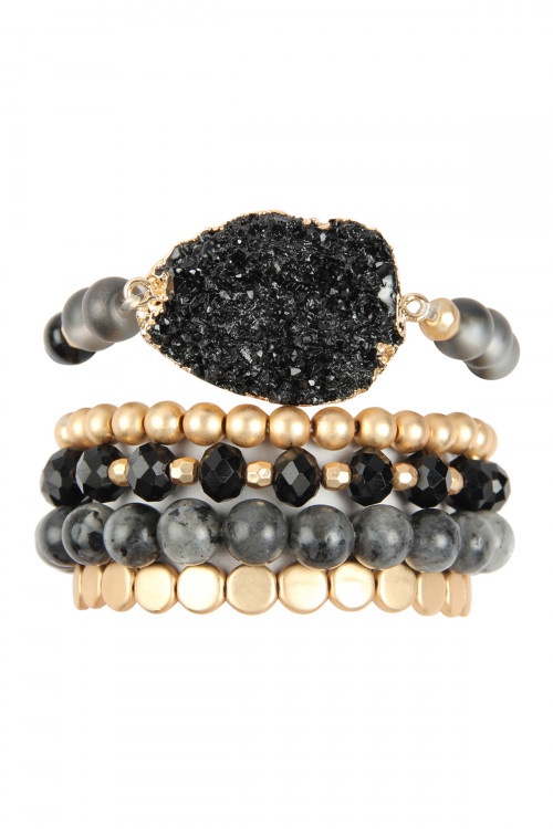 S23-7-1-HDB2737BK BLACK DRUZY CHARM MIXED BRACELET SET/6SETS