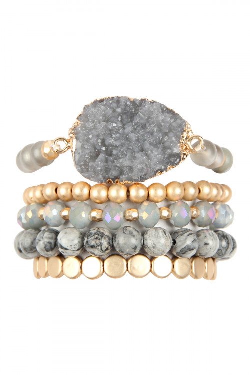 S23-7-1-HDB2737GY GRAY DRUZY CHARM MIXED BRACELET SET/6SETS